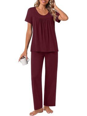 Women's Win Red Flowers Loungewear 2 Piece Pajama Sets Sleepwear with Pockets